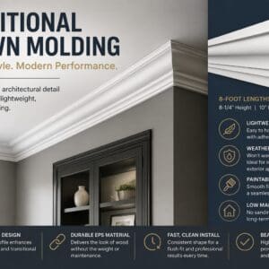 Traditional Crown Molding by SnapTight installed along a ceiling line, showcasing its elegant profile and durable, lightweight EPS construction.