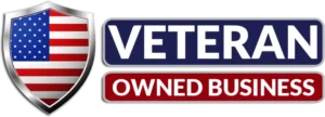 Shield with a U.S. flag design on the left, next to the text VETERAN OWNED BUSINESS in bold capital letters. VETERAN is in blue and OWNED BUSINESS is in red, both on rectangular backgrounds.