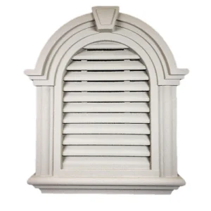 The Bird Cage Gable Vent is an arched, beige decorative vent featuring horizontal slats and ornate trim.