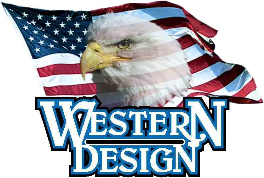 An American flag waves with a bald eagles head in front. Below, the words Western Design are written in stylized blue and white letters.