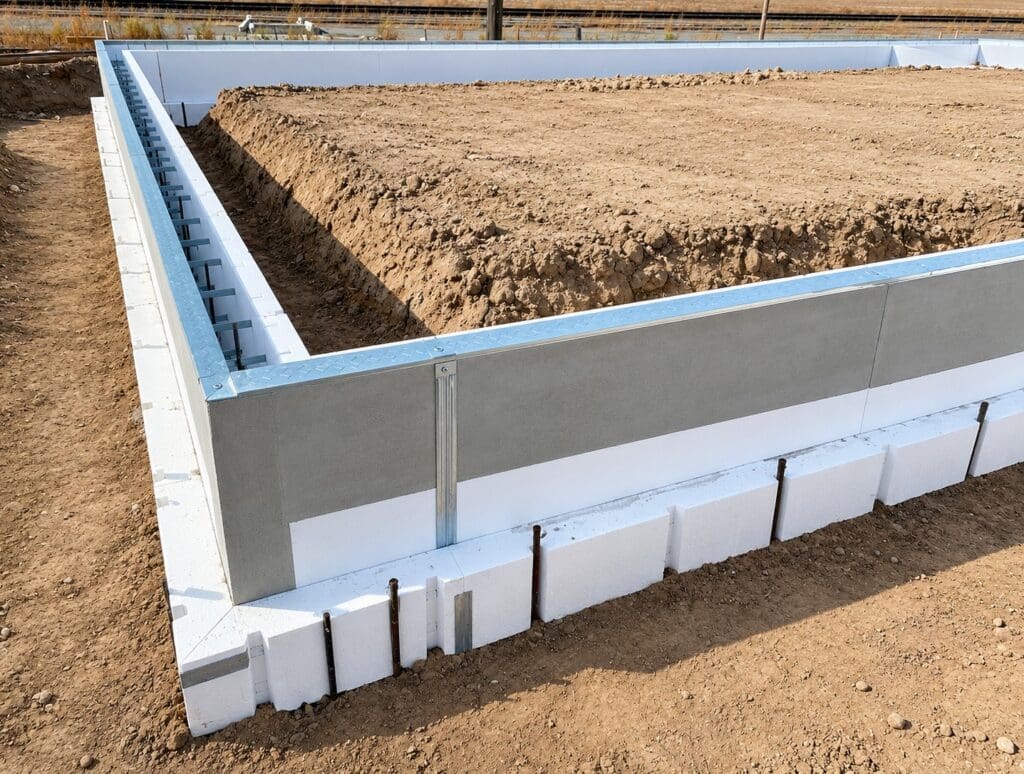 FasTrax insulated footing and stem wall forms installed at a foundation site, showing lightweight EPS panels and reinforced concrete-ready structure for energy-efficient, durable foundations.