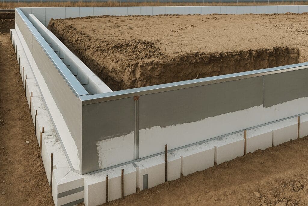 FasTrax insulated footing and stem wall forms installed at a foundation site, showing lightweight EPS panels and reinforced concrete-ready structure for energy-efficient, durable foundations.