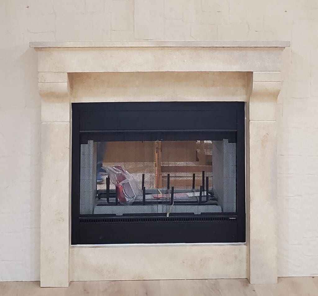 Realistic faux fireplace mantle by SnapTight Products, crafted from lightweight EPS for decorative charm and easy installation.