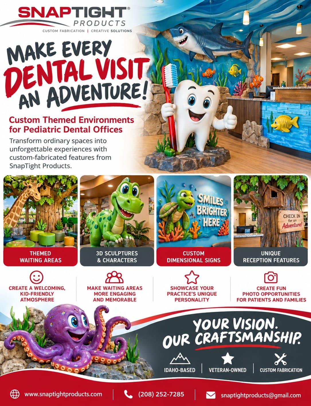SnapTight Products custom themed environments for pediatric dental offices, featuring colorful underwater and jungle-themed waiting areas, 3D sculptures, dimensional signage, and creative reception designs.